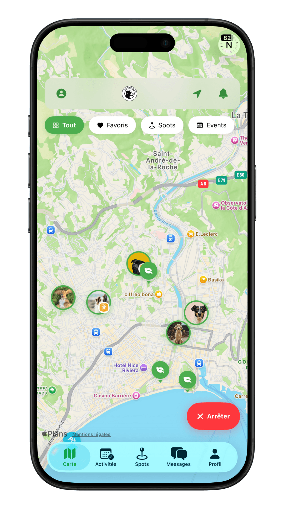 Carte ThePlaceToDog avec les chiens en balade autour de Nice