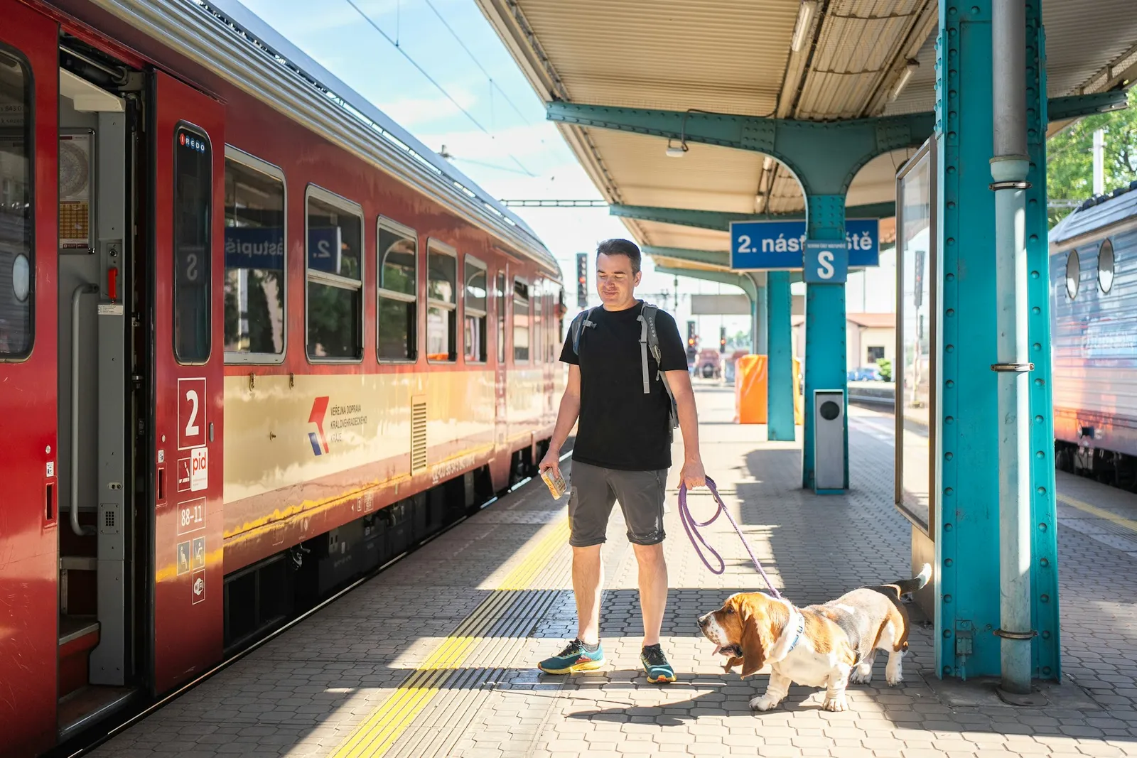 Un voyageur attend avec son chien sur le quai d’une gare